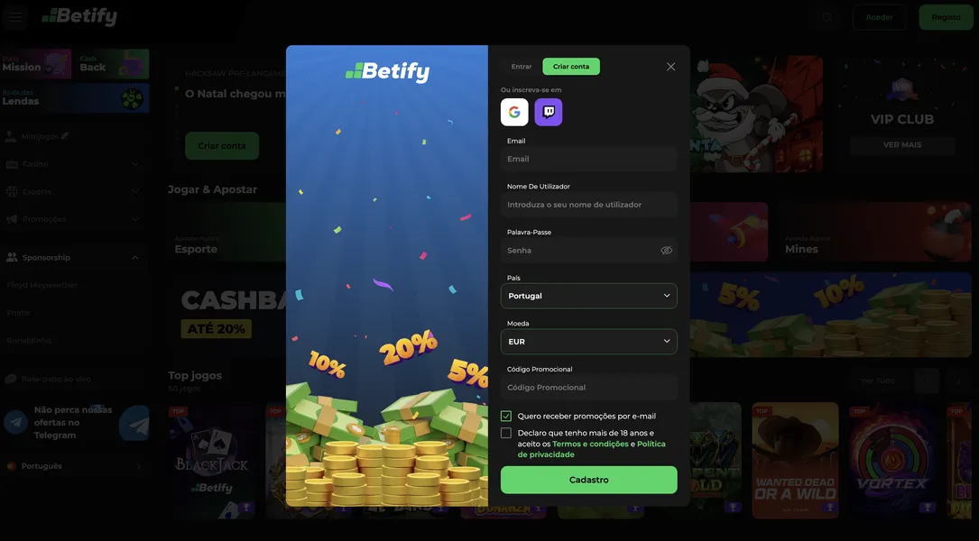 Registo e Login no Betify Casino